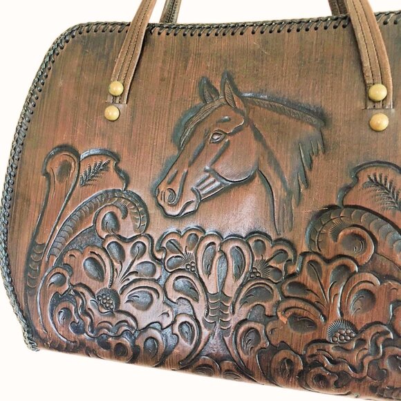 Vintage Jo-O-Kay tooled brown leather horse handbag - Picture 4 of 16